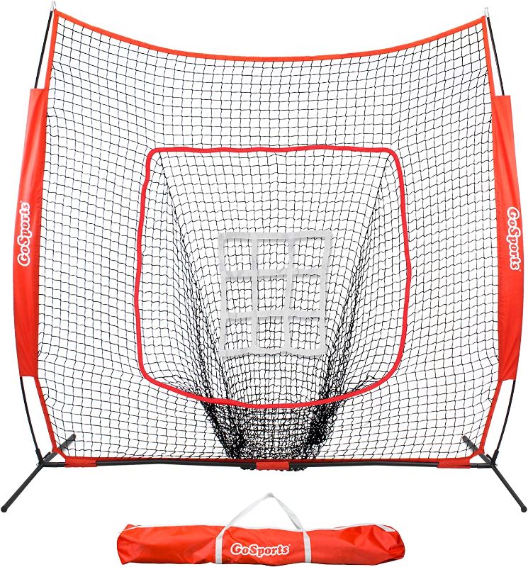 Photo 1 of GoSports 7 ft x 7 ft Baseball & Softball Practice Hitting & Pitching Net with Bow Frame, Carry Bag and Bonus Strike Zone, Great for All Skill Levels
