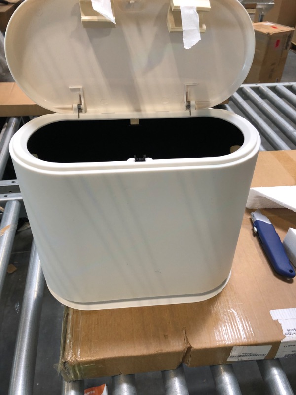 Photo 1 of Cq acrylic 8L Slim Bathroom Trash Can Plastic 2.1 Garbage Can with Press Top Lid,Dog Proof Wastebasket Trash Can for Bedroom,Kitchen,Office,Living Room White 8L White