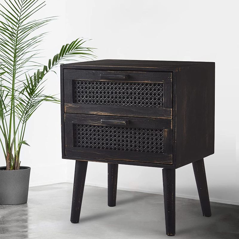 Photo 1 of Modern Nightstand Rattan Side Table with 2 Rattan Drawers, Mid Century Modern End Table, Farmhouse End Table for Living Room, Bedroom and Small Spaces, Accent Bedside Tables with Solid Wood Legs
