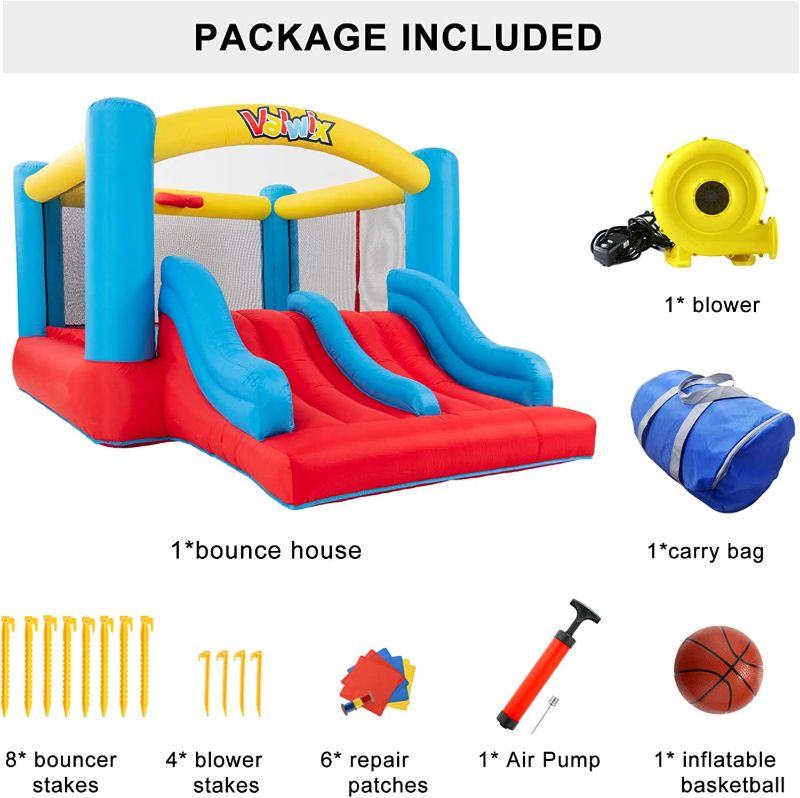 Photo 1 of Valwix Indoor Outdoor Inflatable Bounce House with Blower for 3-10 yr Kids, Bouncy Castle w/ Double Slide, Large Bounce Area w/ Basketball Hoop, 300 LBS Capacity
