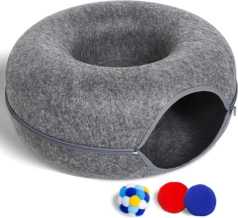 Photo 1 of Cat Tunnel Bed for Indoor Cats with 3 Toys, Scratch Resistant Detachable and Washable Large Donut Cat Bed, Available in All Seasons (L(24x24x11), grey) 