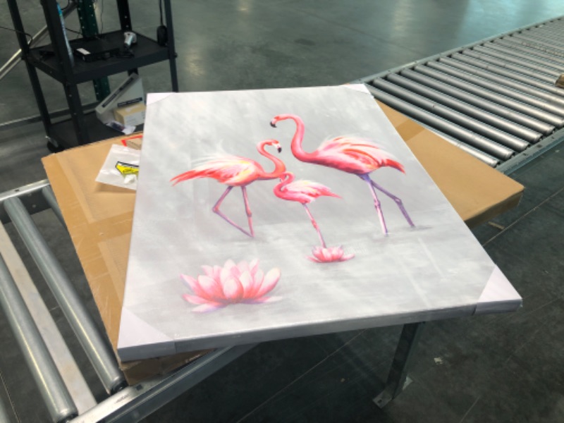 Photo 2 of LevvArts Animal Canvas Wall Art Pink Flamingo family Painting Picture Animal Love Canvas Prints Pink and gray Artwork Stretched and Framed Living Room Bedroom Decor 24x32inch