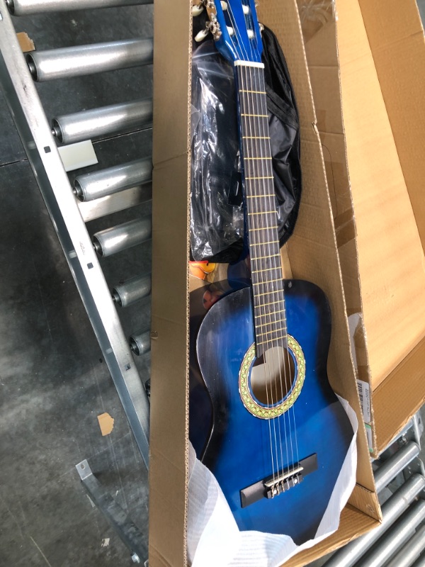 Photo 2 of Beginner 36” Classical Acoustic Guitar - 3/4 Junior Size 6 String Linden Wood Guitar w/ Gig Bag, Tuner, Nylon Strings, Picks, Strap, For Beginners, Adults - Pyle PGACLS82BLU (Blue Burst) Blue Fade Blue Fade Guitar