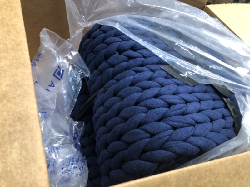 Photo 2 of YnM Cotton Knitted Weighted Blanket, Hand Made Chunky Knit Weighted Throw Blanket for Sleep or Home Décor (Navy Blue, 48"x72" 20lbs) … 48 in x 72 in 20 lb Cotton Navy Blue