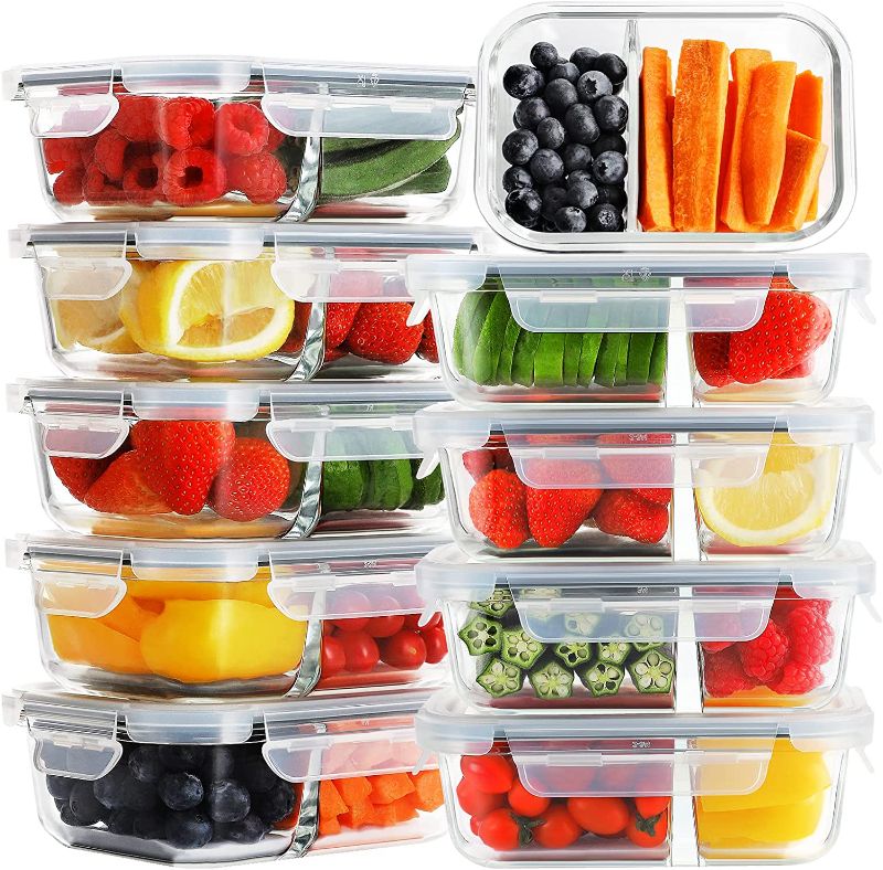 Photo 1 of Bayco 10 Pack Glass Meal Prep Containers 2 Compartment, Glass Food Storage Containers with Lids, Airtight Glass Lunch Bento Boxes, BPA-Free & Leak Proof (10 lids & 10 Containers) - Grey
