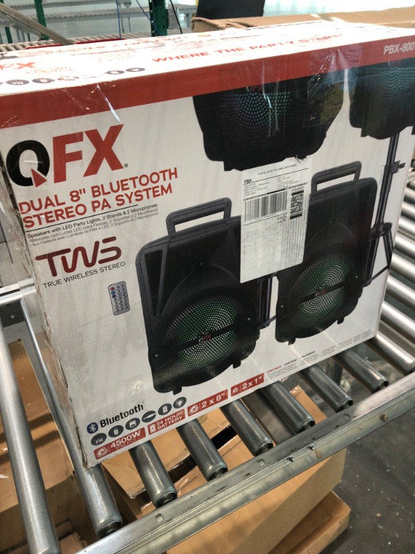 Photo 1 of PBX-800TWS 8-Inch Bluetooth Stereo PA System Comes with 2X 8 Speakers and 2X Stands, 2X Microphones, and a Remote Control