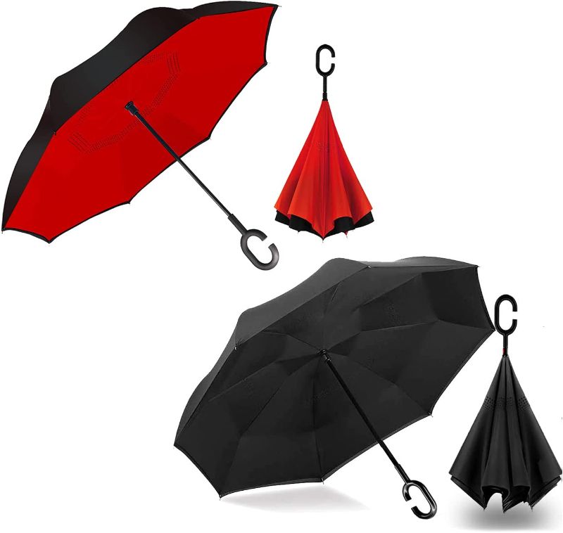 Photo 1 of MRTLLOA Windproof Inverted Reverse Umbrella with UV Protection, C-Shaped Handle Double Layer Stick Umbrella for Rain (Black&Red-2 Pack)
