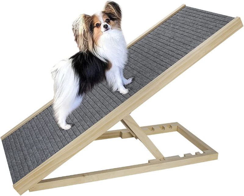 Photo 1 of Wooden Adjustable Pet Ramp, Butizone Folding Portable Dog Ramp for Couch, Bed and Car, Height Adjustable Ramp with Paw Traction Mat, Support up to 110lb
