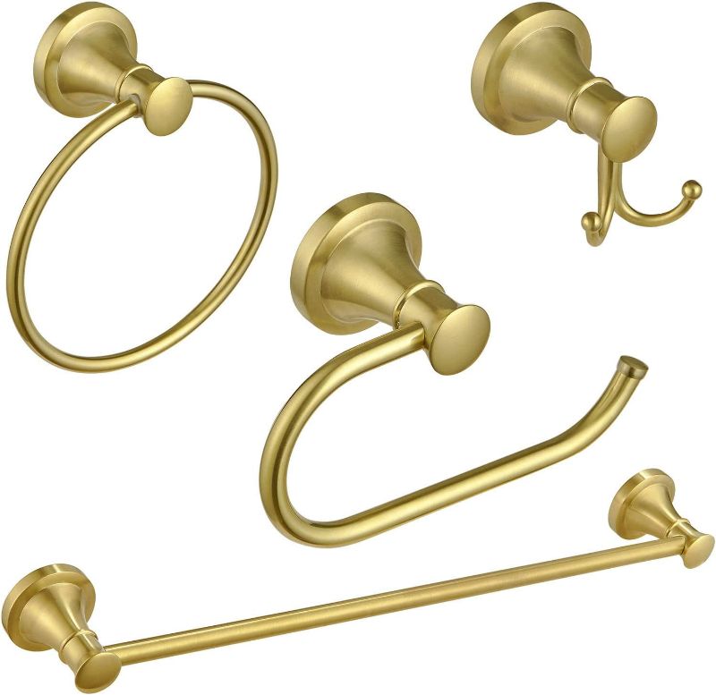 Photo 1 of BESy Brushed Gold 4 Piece Bathroom Accessories Set (Single Towel Bar, Towel Ring, Toilet Paper Holder, Double Towel Hooks), Wall Mounted Bath Hardware Accessory Fixtures Set
