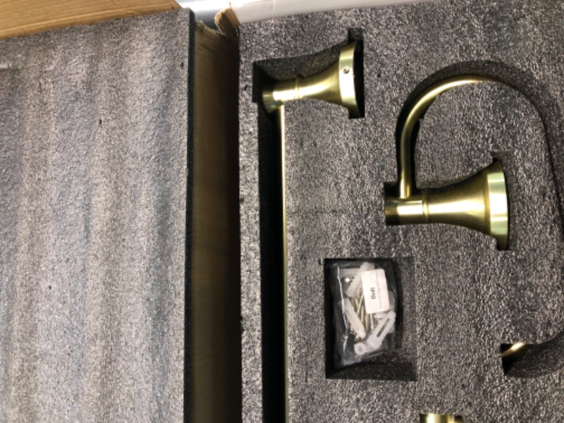 Photo 4 of BESy Brushed Gold 4 Piece Bathroom Accessories Set (Single Towel Bar, Towel Ring, Toilet Paper Holder, Double Towel Hooks), Wall Mounted Bath Hardware Accessory Fixtures Set
