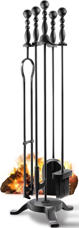 Photo 1 of COMFYHOME 5-Piece Fireplace Tools Set 32'',Heavy Duty Wrought Iron Fireplace Tool Set w/Long Fire Poker,Shovel,Tongs,Brush,Stand for Outdoor Indoor Chimney,Stove, Easy to Assemble

