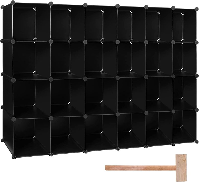 Photo 1 of 24 Cube Storage Organizer DIY Closet Cabinet Plastic Clothes Shelves Modular Bookshelf Bookcase Square Cabinet Shelving Toy Organizer with Wooden Mallet for Bedroom Office Living Room (Black)
