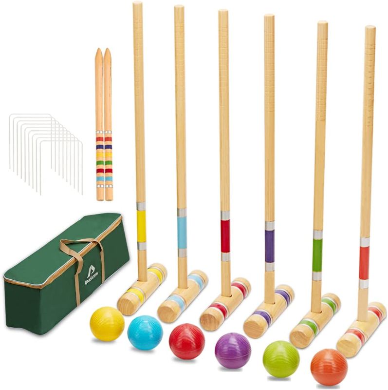 Photo 1 of ApudArmis Six Player Croquet Set with Premiun Rubber Wooden Mallets 28In,Colored Ball,Wickets,Stakes - Lawn Backyard Game Set for Adults/Teenagers/Family (Large Carry Bag Including)