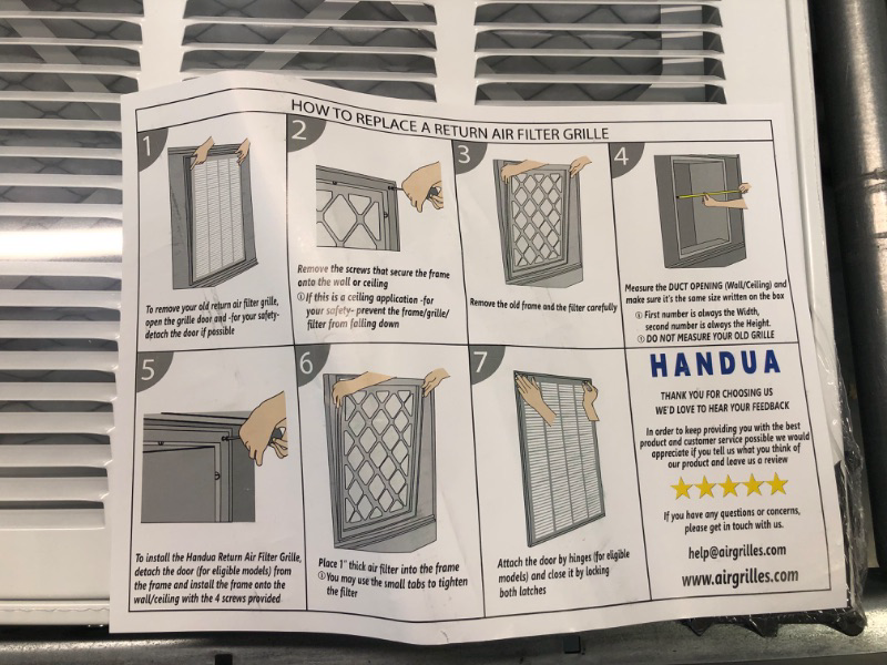 Photo 4 of Handua 20"W x 20"H [Duct Opening Size] Filter Included Steel Return Air Filter Grille [Removable Door] for 1" Filters, Vent Cover Grill, White, Outer Dimensions: 22 5/8"W X 22 5/8"H for 20x20 Opening 20"W x 20"H [Duct Opening]