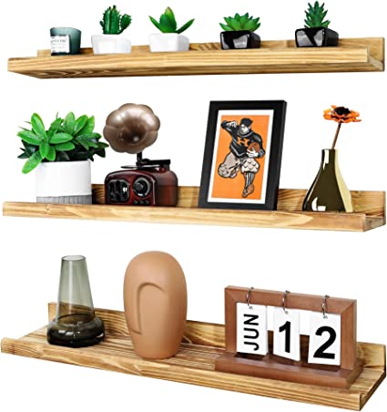 Photo 1 of Annecy Floating Shelves Wall Mounted Set of 3, 24 Inch Carbonized Black Solid Wood Shelves for Wall, Wall Storage Shelves with Guardrail Design for Home, Kitchen, Office, 3 Different Sizes