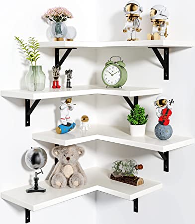 Photo 1 of Seocry White Corner Floating Shelves Set of 4, Storage Shelves Wall Mounted with Brackets, Wall Shelves Decor for Living Room, Bathroom, Kitchen, Bedroom, Nursery Room and Office (Black-White)