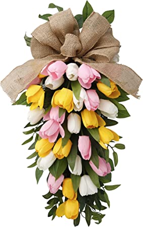 Photo 1 of HOI 26-inch Handmade Artificial Tulip Teardrop Wreath, Spring Summer Wreath for Front Door, Farmhouse Wall Hanging Decorations, Artificial Flower Swag Arrangement for Home