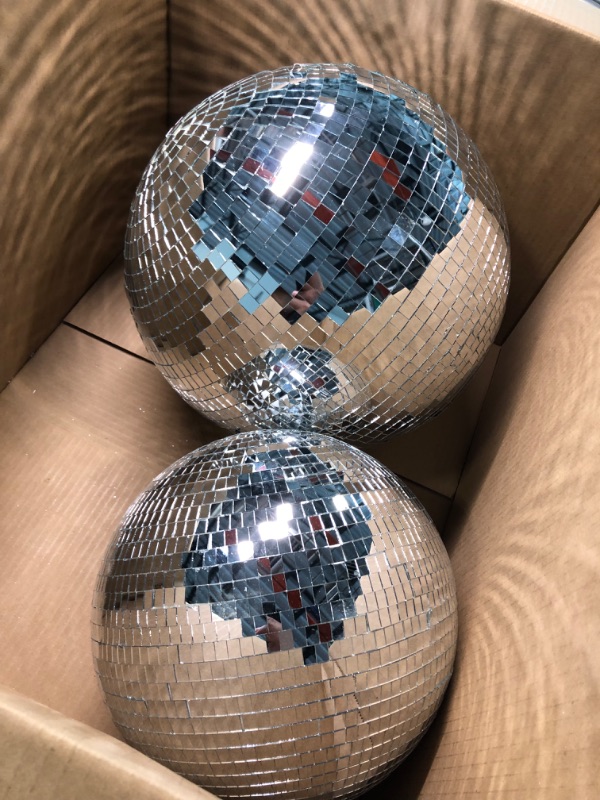 Photo 4 of 2 Pcs Jumbo Glass Disco Ball 16 and 12 Inch Mirror Disco Ball Large Silver Hanging Disco Ball Reflective Disco Ball Lighting Disco Party Supplies for DJ Dance Music Club Stage Home Party Decoration