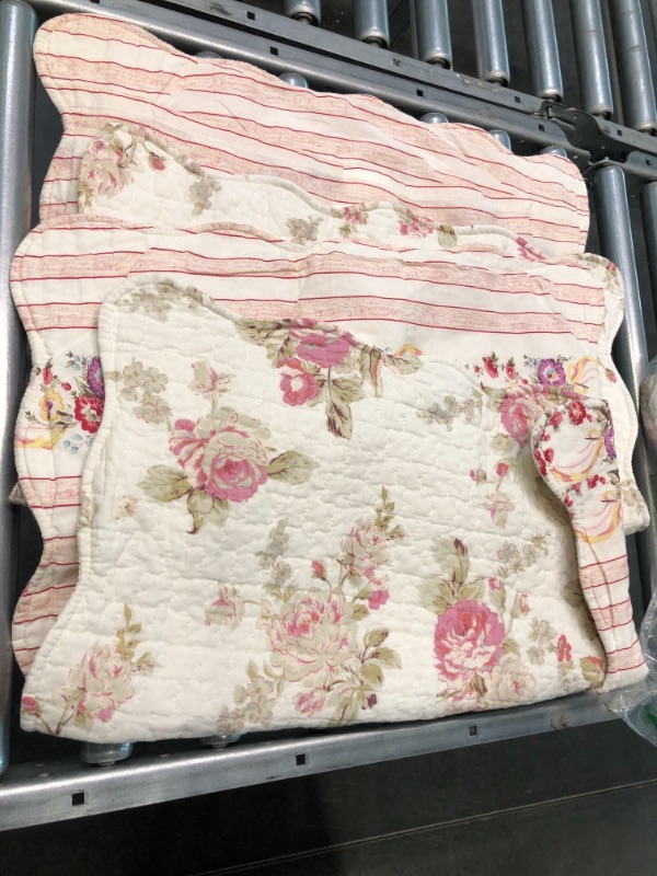 Photo 3 of Cozy Line Home Fashions 3-Piece Romantic Cottage Peachy Pink Peony Shabby Chic Chintz Floral Stripe Cotton Queen Quilt Bedding Set Queen Cream, Ivory, Peach, Pink, Tan, Multi-color