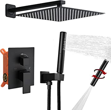 Photo 1 of BESy Shower System with 12 Inch Rain Shower Head and Handheld Wall Mounted, High Pressure Rainfall Shower Faucet Fixture Combo Set with 2 in 1 Handheld Showerhead for Bathroom, Matte Black