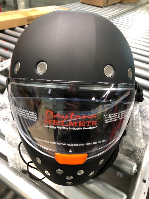 Photo 6 of Daytona Helmets Full Face Motorcycle Helmet Retro – DOT Approved X-Large Dull Black, Orange Accents