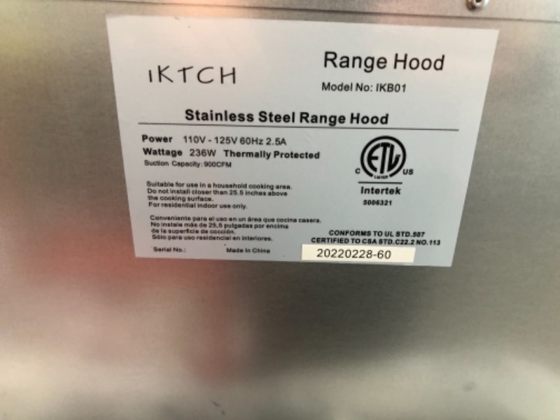 Photo 3 of IKTCH 36 inch Built-in/Insert Range Hood 900 CFM, Ducted/Ductless Convertible Duct, Stainless Steel Kitchen Vent Hood with 4 Speed Gesture Sensing&Touch Control Panel(IKB01-36) IKB01 36''