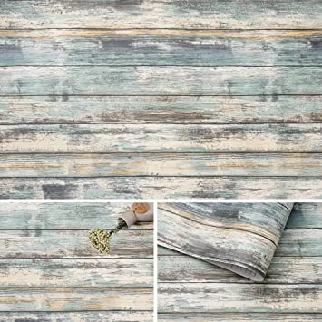 Photo 1 of Arthome Blue Rustic Wood Paper 17''x120'' Self-Adhesive Removable Wood Peel and Stick Wallpaper Vinyl Decorative Wood Plank Film Vintage Wall Covering for Furniture Easy to Clean Wooden Grain Paper Blue Wood 17''x120'' pack of 6