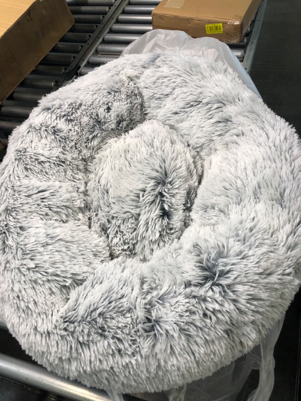 Photo 5 of Calming Dog Bed & Cat Bed, Anti-Anxiety Donut Dog Cuddler Bed, Warming Cozy Soft Dog Round Bed, Fluffy Faux Fur Plush Dog Cat Cushion Bed for Small Medium Dogs and Cats (20"/24"/27"/30") 27" Light Grey