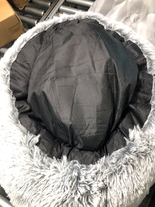 Photo 4 of Calming Dog Bed & Cat Bed, Anti-Anxiety Donut Dog Cuddler Bed, Warming Cozy Soft Dog Round Bed, Fluffy Faux Fur Plush Dog Cat Cushion Bed for Small Medium Dogs and Cats (20"/24"/27"/30") 27" Light Grey