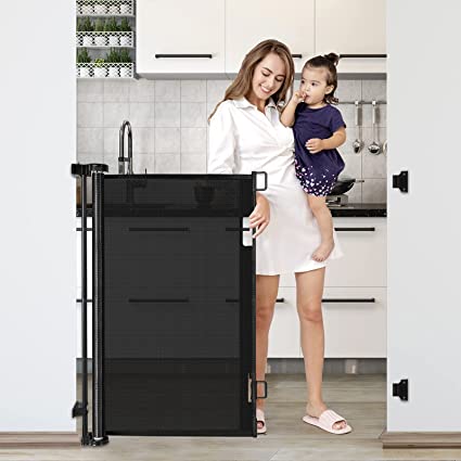 Photo 1 of 42-Inch Extra Tall Baby Gate 56" Wide Tall Dog Gate Retractable Baby Gates Adjustable Dog Gates for The House Indoor and Outdoor Pet Gate Mesh Baby Gate for Stairs, Doorways, Hallways, Black
