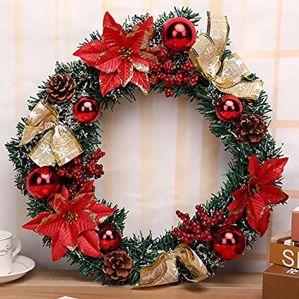 Photo 1 of Christmas Wreath Artificial Wreath with Pinecones, Bowknots, Flowers and Berries and Balls, Christmas Decor Wreath for Front Door Wall Window 22in