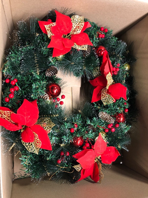 Photo 1 of Christmas Wreath Artificial Wreath with Pinecones, Bowknots, Flowers and Berries and Balls, Christmas Decor Wreath for Front Door Wall Window 22in