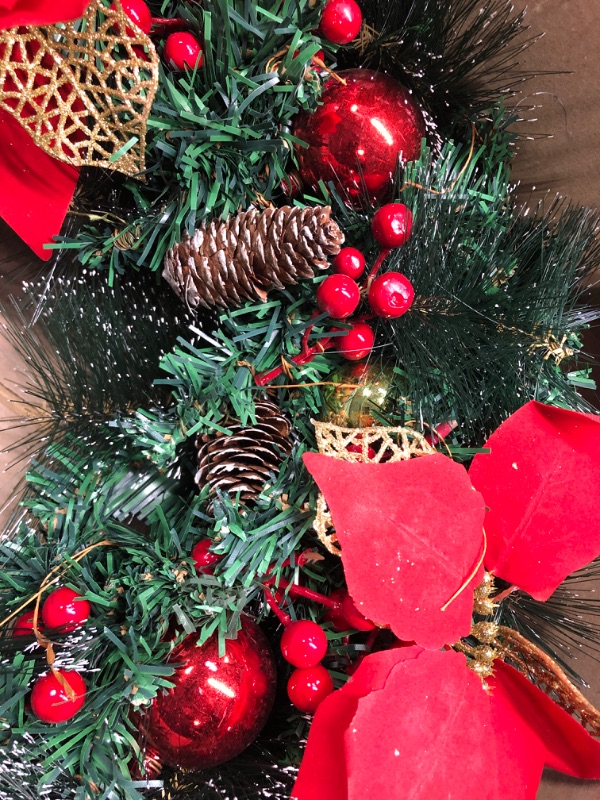 Photo 1 of Christmas Wreath Artificial Wreath with Pinecones, Bowknots, Flowers and Berries and Balls, Christmas Decor Wreath for Front Door Wall Window 22in