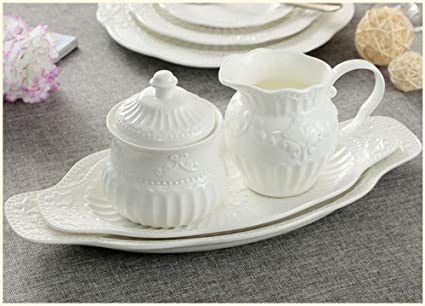 Photo 1 of  Relief White Ceramic Creamer and Sugar Bowl Set Coffee Serving Set Cream Pitcher