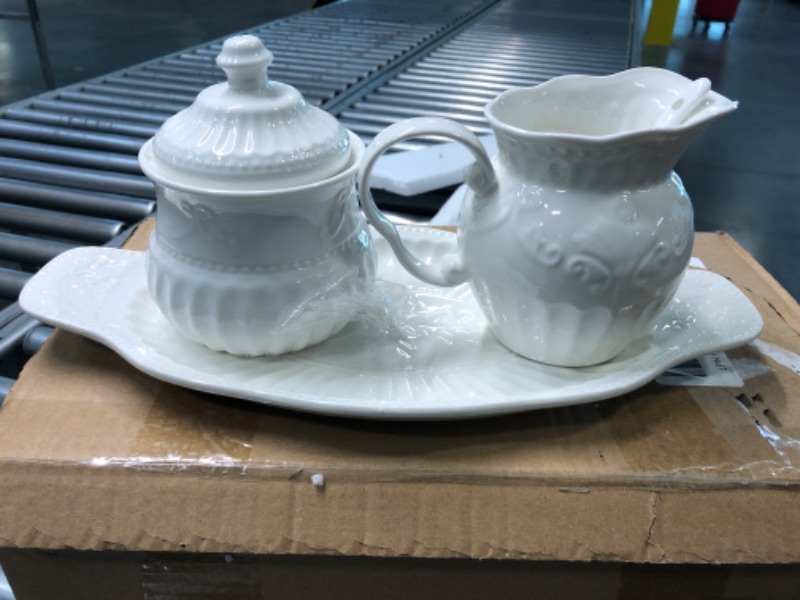 Photo 3 of  Relief White Ceramic Creamer and Sugar Bowl Set Coffee Serving Set Cream Pitcher