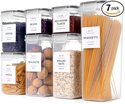 Photo 1 of 8 Pcs Airtight Food Storage Containers with lids and 132 Kitchen Pantry Labels Preprinted - Stackable Plastic Canisters Set for Bulk Cereal Containers Organization - Bpa Free Pasta, Dry food Containers
