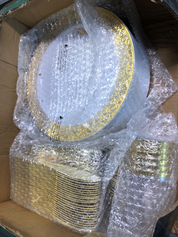 Photo 4 of 350 Piece Gold Dinnerware Set 50 Guest-100 Gold Lace Plastic Plates-50 Gold Plastic Silverware-50 Gold Plastic Cups-50 Linen Like Gold Paper Napkins, FOCUSLINE Disposable Dinnerware Set