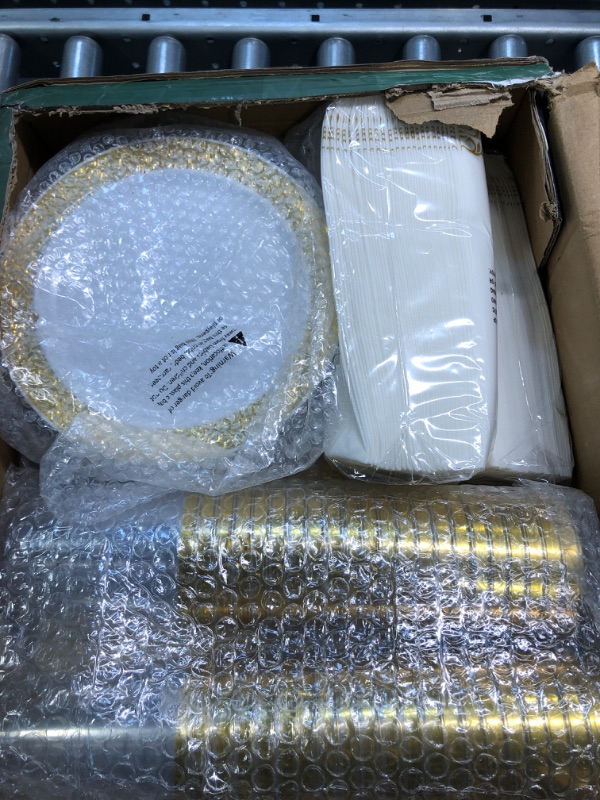 Photo 3 of 350 Piece Gold Dinnerware Set 50 Guest-100 Gold Lace Plastic Plates-50 Gold Plastic Silverware-50 Gold Plastic Cups-50 Linen Like Gold Paper Napkins, FOCUSLINE Disposable Dinnerware Set