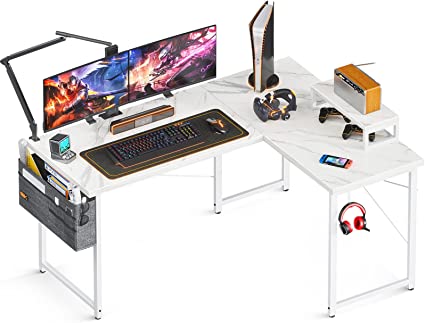 Photo 1 of ODK L Shaped Desk, Computer Corner Desk, Gaming Desk, Home Office Writing Desk with Monitor Shelf, Space-Saving Workstation Desk, Modern Simple Wooden Desk, Easy to Assemble, White Marble
