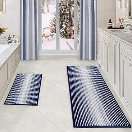 Photo 1 of BSICPRO Bathroom Rugs and Mats Sets, 2 Piece Thick Absorbent Chenille Bath Mat Rug Set Non Slip, Soft Shaggy Bath Room Floor Mats for Bathroom, Machine Washable (20" x 60" Plus 20" x 32", Navy)
