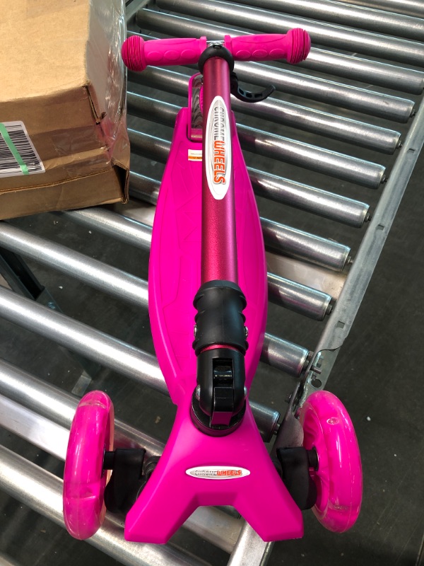 Photo 3 of ChromeWheels Scooters for Kids, Deluxe Kick Scooter Foldable 4 Adjustable Height 132lbs Weight Limit 3 Wheel, Lean to Steer LED Light Up Wheels, Best Gifts for Girls Boys Age 3-12 Year Old # Pink