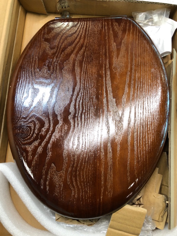 Photo 4 of Angel Shield Durable Wood Veneer Natural Toilet Seat Metal Hinged Easy Clean Anti-scratch American Standard(Elongated,Dark Walnut) Elongated-18.5” Black Wood