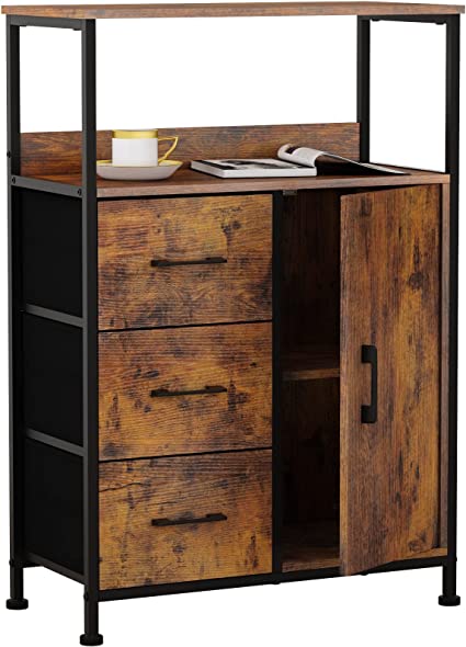 Photo 1 of Furnulem Industrial Storage Cabinet with 3 Drawers and Door,2 Tiers Shelves Wood Office Cabinet with Sturdy Frame Sideboard for Bathroom,Entryway,Office,Kitchen
