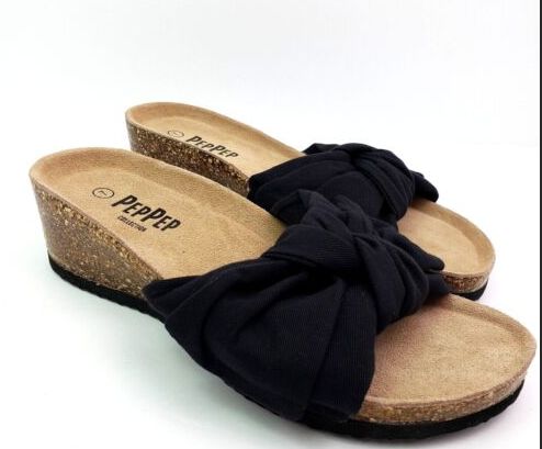 Photo 1 of PepPep Womens Size 7 Black Bow Cork Slip On Comfort Wedge Sandals