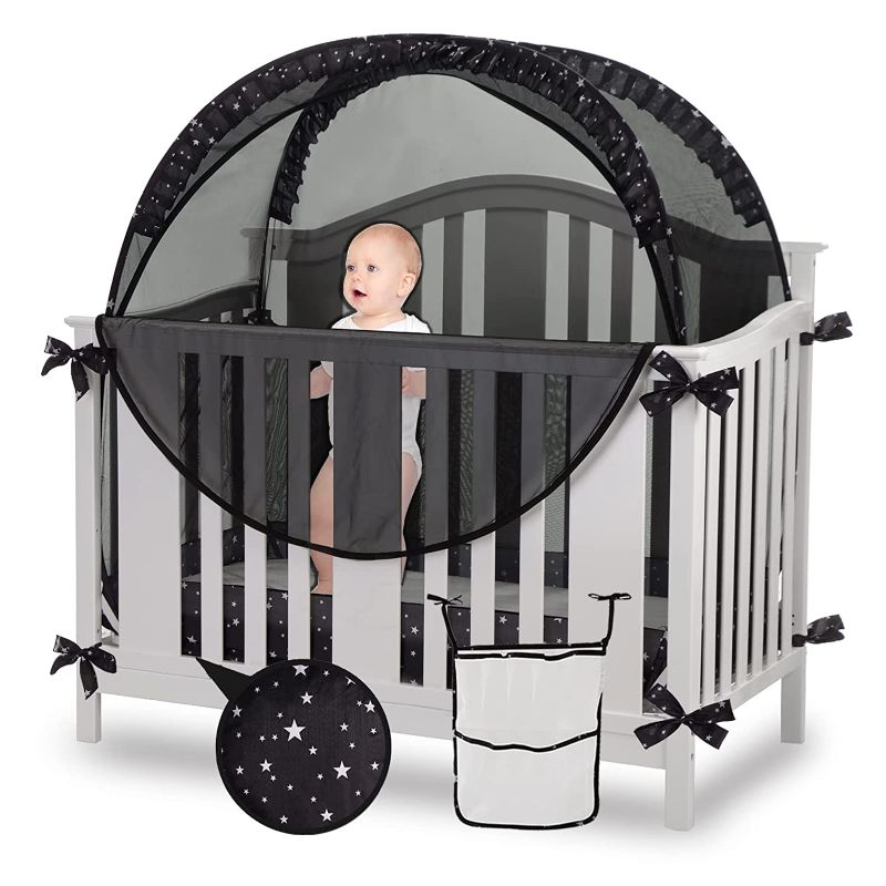 Photo 1 of ZXPLO Safety Pop Up Crib Tent Cover to Keep Toddler from Climbing Out - Baby Bed Star Net Canopy with Mesh Organizer