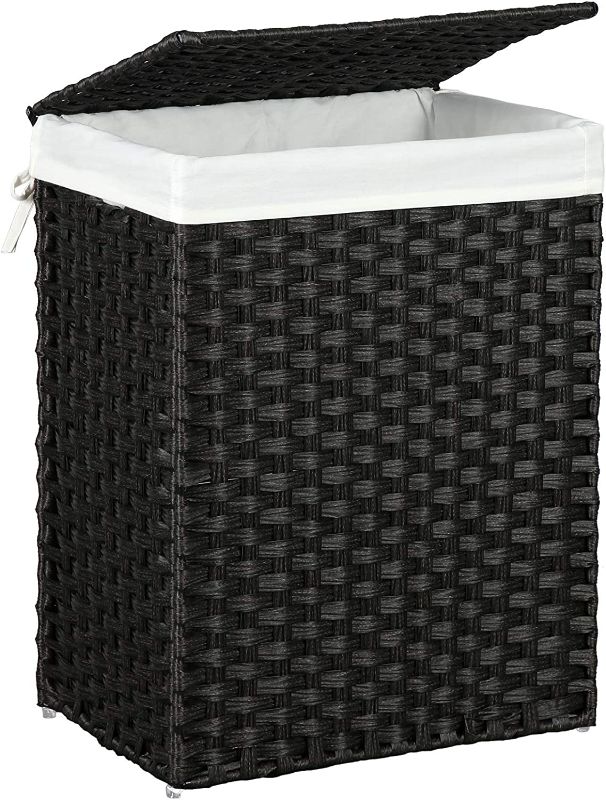 Photo 1 of Handwoven Laundry Hamper, Synthetic Rattan Clothes Laundry Basket with Lid and Handles, Foldable, Removable Liner Bag, Black