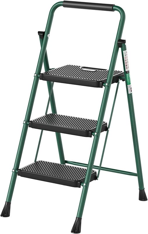 Photo 1 of 3 Step Ladder, RIKADE Folding Step Stool, Step Stool with Wide Anti-Slip Pedal, Lightweight, Portable Folding Step Ladder with Handgrip, Multi-use Steel Ladder for Household and Office