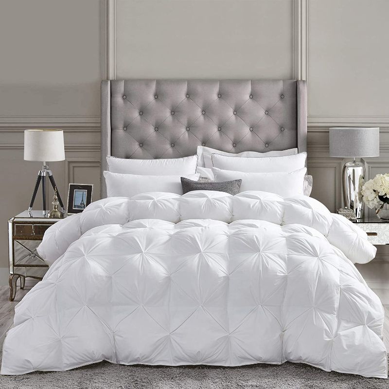 Photo 1 of Luxurious All-Season Goose Down Feather Fiber Comforter King Size Duvet Insert, Exquisite Pinch Pleat Design, Premium Baffle Box, 100% Egyptian Cotton Cover, 80 oz. Fill Weight, White