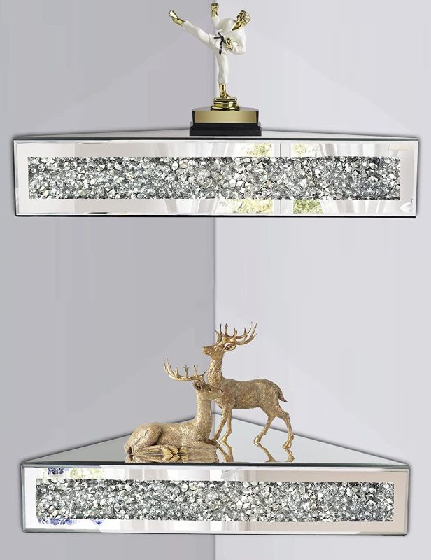 Photo 1 of Mirrored Floating Conner Shelf, Silver Mirror Crushed Diamond Decorative Wall Shelf for Home Decoration Crystal Diamond Wall Art Decor Accent Piece Showcase 11.8" L×11.8" W×3.1" H, 2 Count