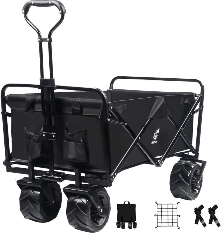 Photo 1 of Collapsible Heavy Duty Beach Wagon Cart Outdoor Folding Utility Camping Garden Beach Cart with Universal Wheels Adjustable Handle Shopping (Black)